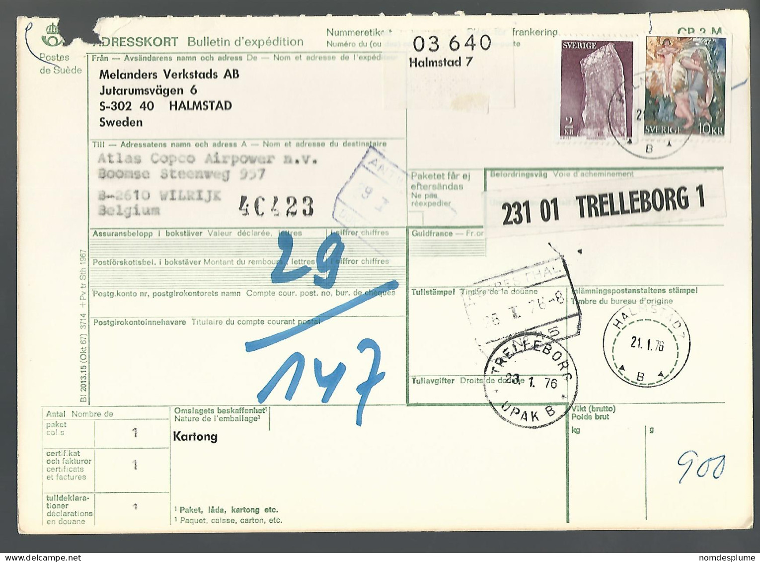 58531) Sweden Adresskort Bulletin D'Expedition 1976 Postmark Cancel - Brieven En Documenten