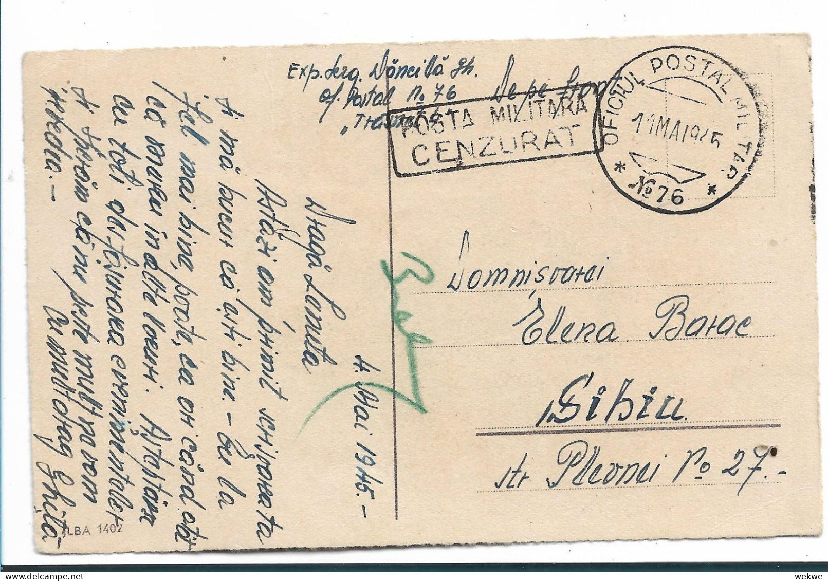 RUMÄNIEN 133  / Späte Feldpost 11.5.45 Zensiert Und Befördert Nach Sibiu - World War 2 Letters