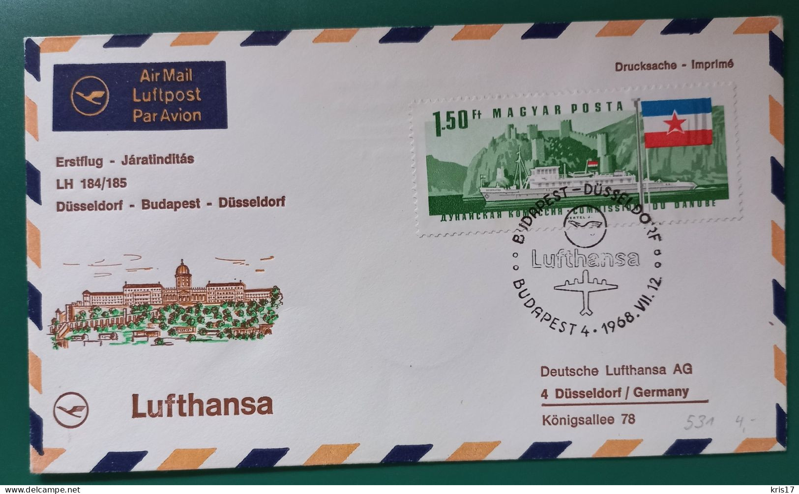 (ENV)(LUF31) 1968 Lettre LUFTHANSA Erstflug Flight Vol Budapest Düsseldorf Germany - Brieven En Documenten