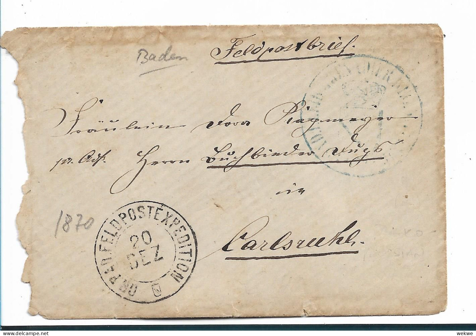 BAD130a / BADEB - Gr. Badische Feldpostexpedition 20.12.1870. Krieg 1870/71 Nach Karlsruhe - Storia Postale