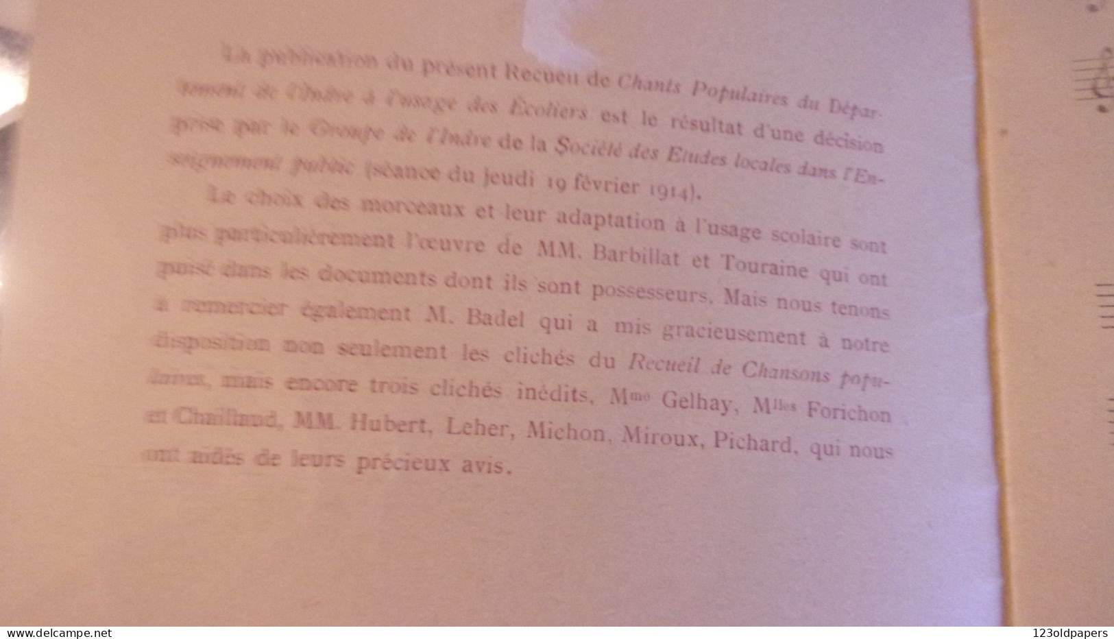 BERRY INDRE  1914 CHANTS POPULAIRES DEPARTEMENT DE L INDRE  A USAGE DES ECOLIERS BARBILLAT TOURAINE - Centre - Val De Loire