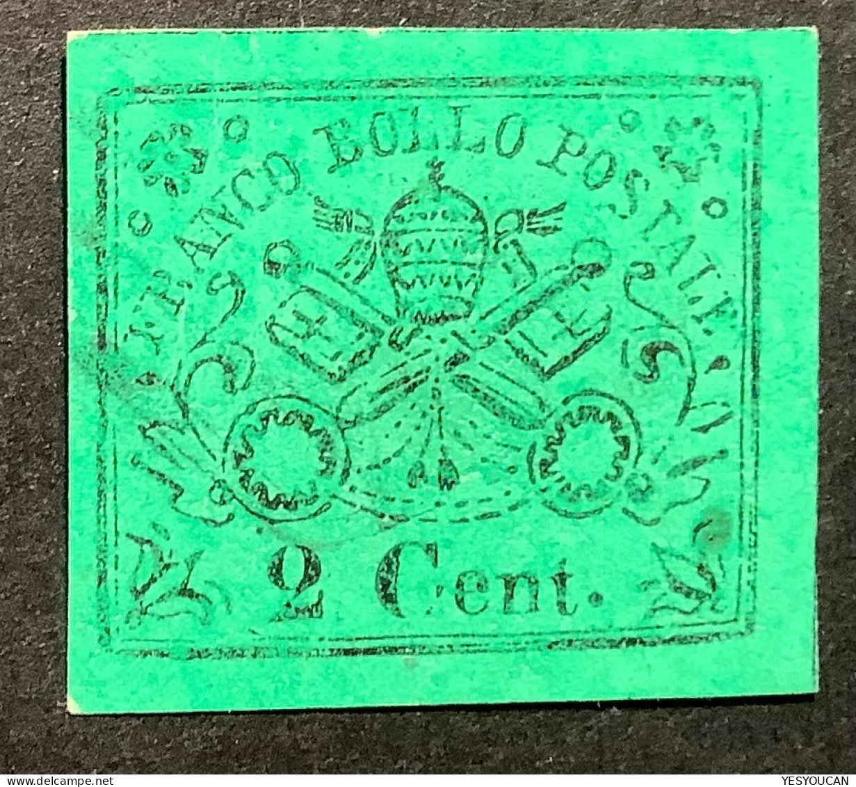 Stato Pontificio 1867 2c Verde Giallo Sa.13 =600€ VF Used (Etats Pontificaux Roman States Vatican Italie Italy Italia - Papal States