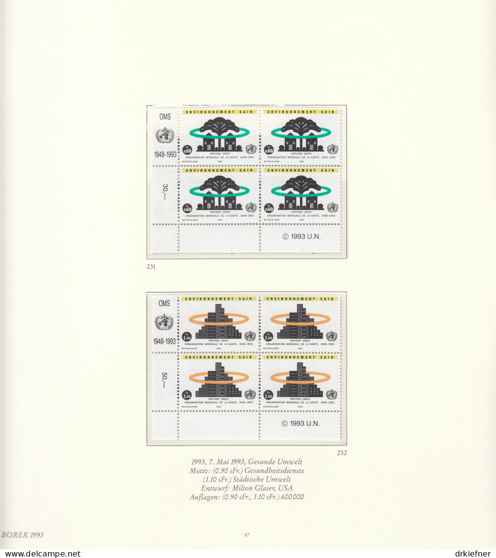UNO GENF  Jahrgang 1993, 4erBlock Mit Eckrand, Postfrisch **; Bogenmarken 225-226, 231-232, 235-241 Komplett - Hojas Y Bloques