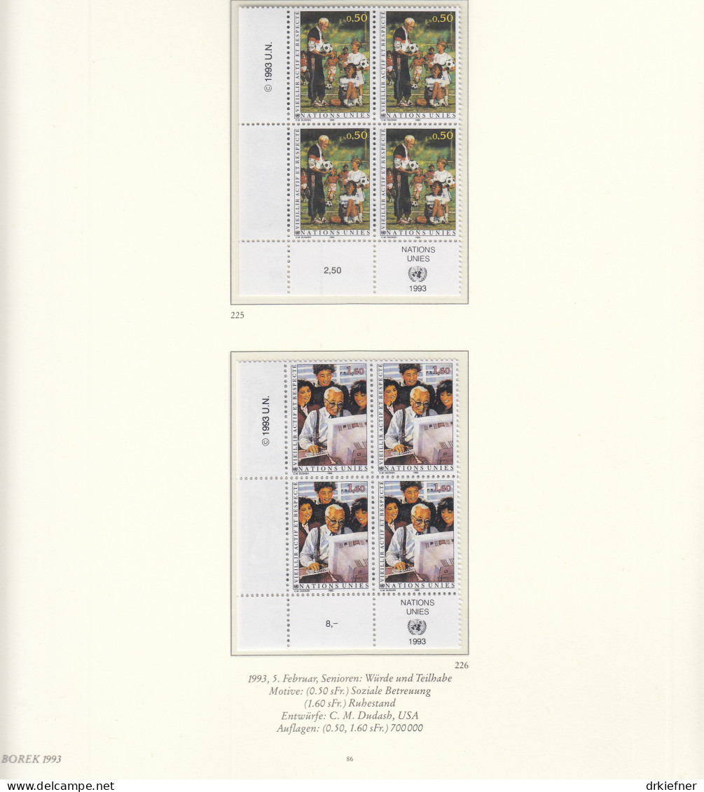 UNO GENF  Jahrgang 1993, 4erBlock Mit Eckrand, Postfrisch **; Bogenmarken 225-226, 231-232, 235-241 Komplett - Hojas Y Bloques