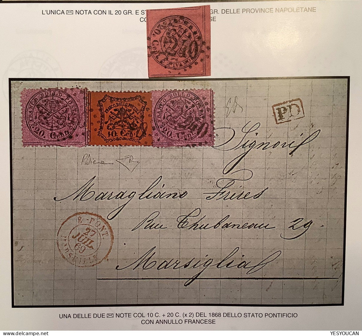 RRR !  GC 2240=MARSEILLE FRANCE FROM SHIP MAIL R3 =6750€, Stato Pontificio 1867 20c Sa.18 VF (Etats Pontificaux Italie - Kirchenstaaten