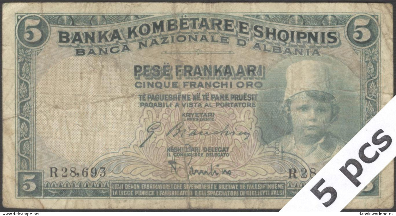 DWN - ALBANIA P.2b - 5 Franka Ari ND (1926) USED Various Prefixes DEALERS LOT X 5 - Albanie