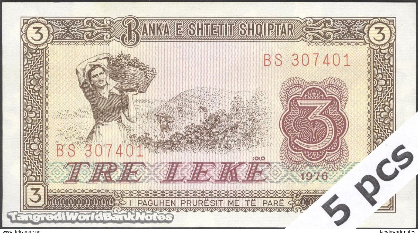 DWN - ALBANIA P.41a - 3 Leke 1976 UNC Various Prefixes DEALERS LOT X 5 - Albanien