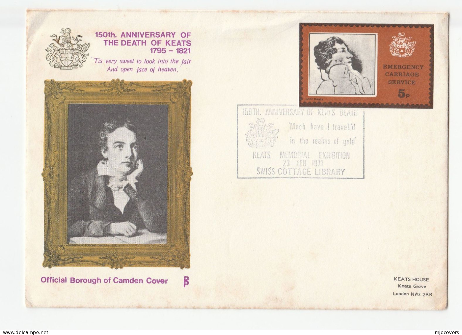 1971 Camden Library GB POSTAL STRIKE COVER 5p KEATS EMERGENCY DELIVERY SERVICE Label Great Britain - Erinnophilie