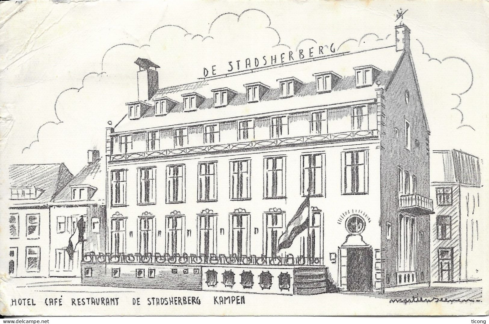 KAMPEN OVERIJSSEL PAYS BAS - CARTE ILLUSTREE SIGNEE 1953 - HOTEL CAFE RESTAURANT DE STADSHERBERG - DOCUMENT RARE A VOIR - Kampen