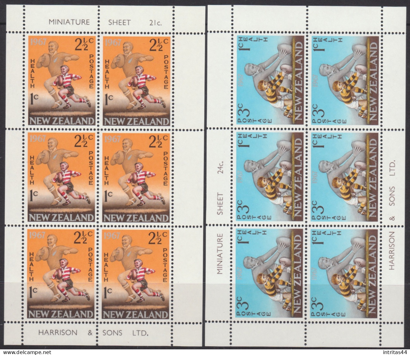 NEW ZEALAND 1967 HEALTH RUGBY (2) SHEETS MNH - Hojas Bloque