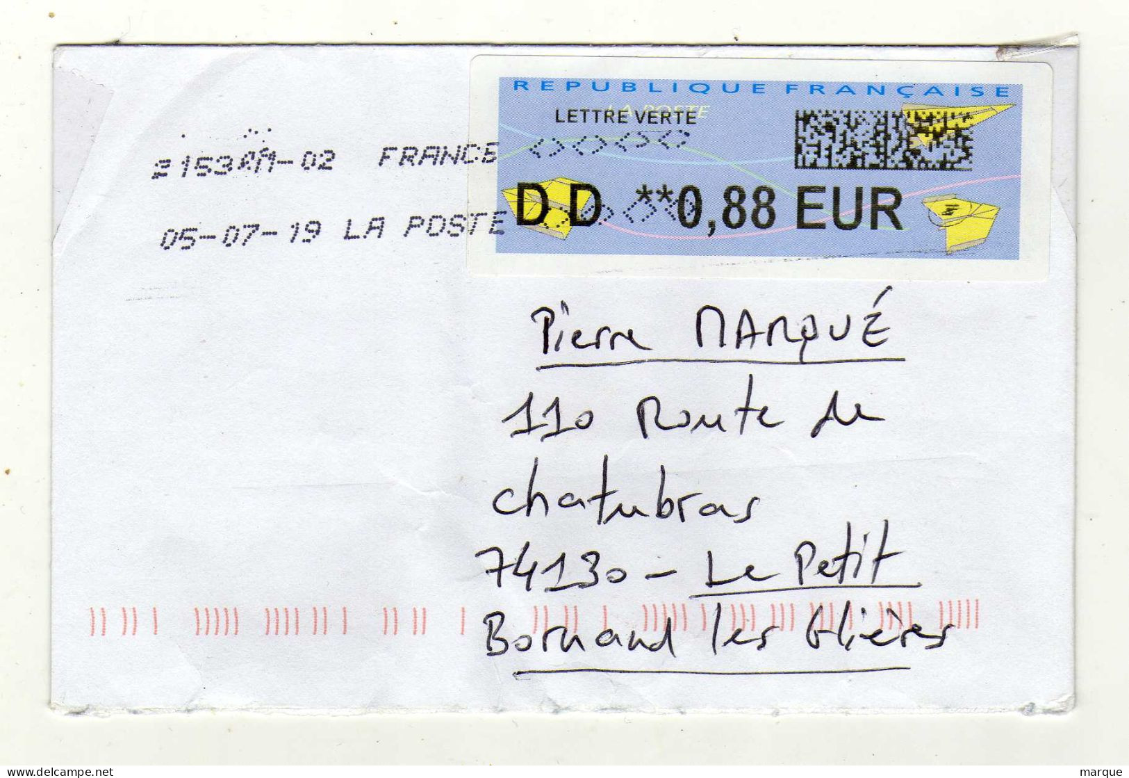 Enveloppe FRANCE Avec Vignette Affranchissement Lettre Verte Oblitération LA POSTE 21531A-02 05/07/2019 - 2000 Type « Avions En Papier »