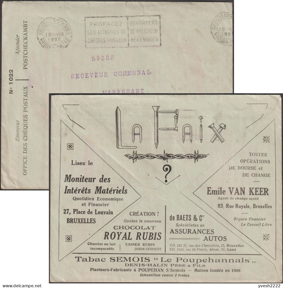 Belgique 1926. Enveloppe De Franchise Des Chèques Postaux. La Paix, Fils De Fer Barbelés, Quincaillerie. Tabac La Semois - Tabacco