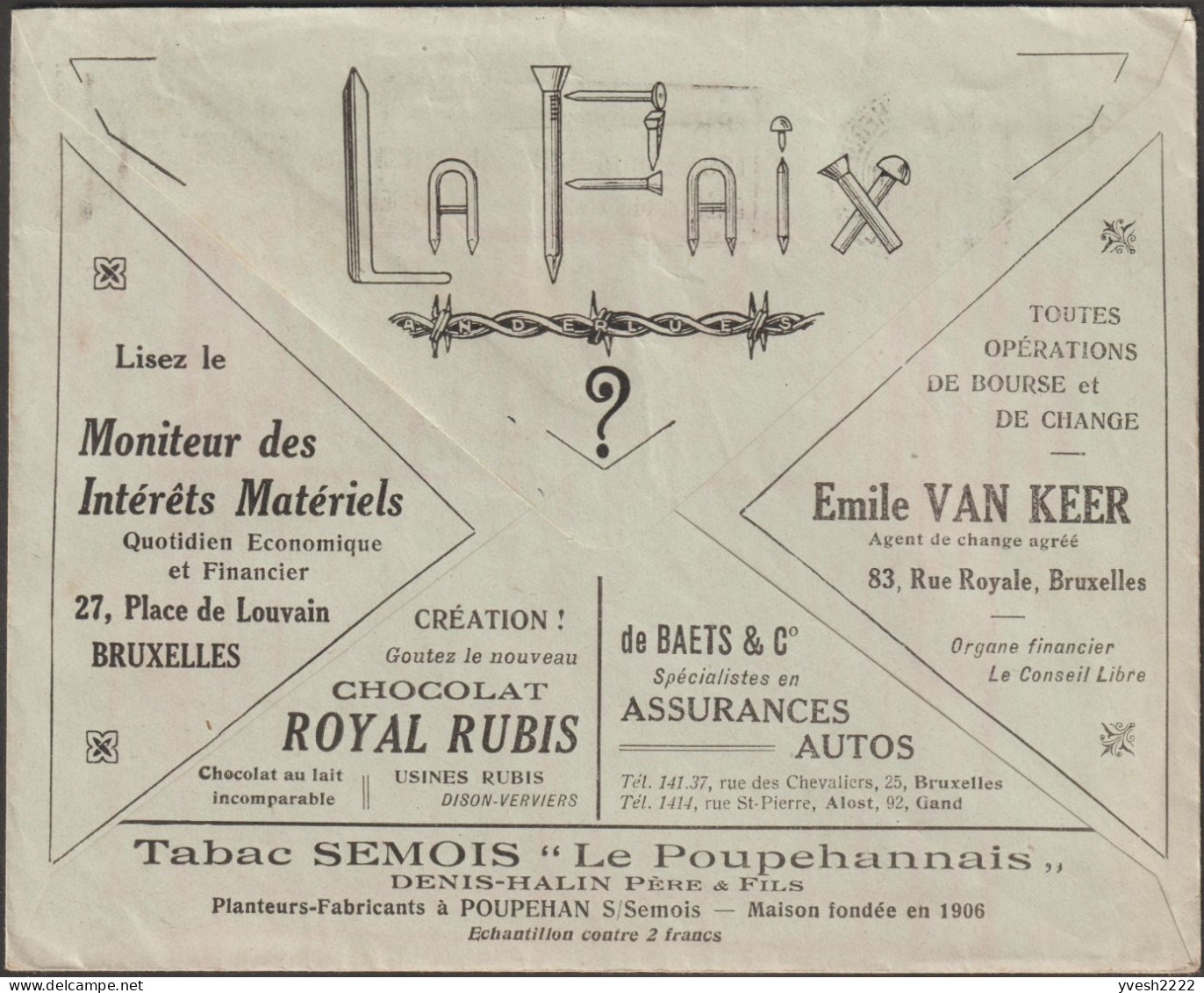 Belgique 1926. Enveloppe De Franchise Des Chèques Postaux. La Paix, Fils De Fer Barbelés, Quincaillerie. Tabac La Semois - Tabacco