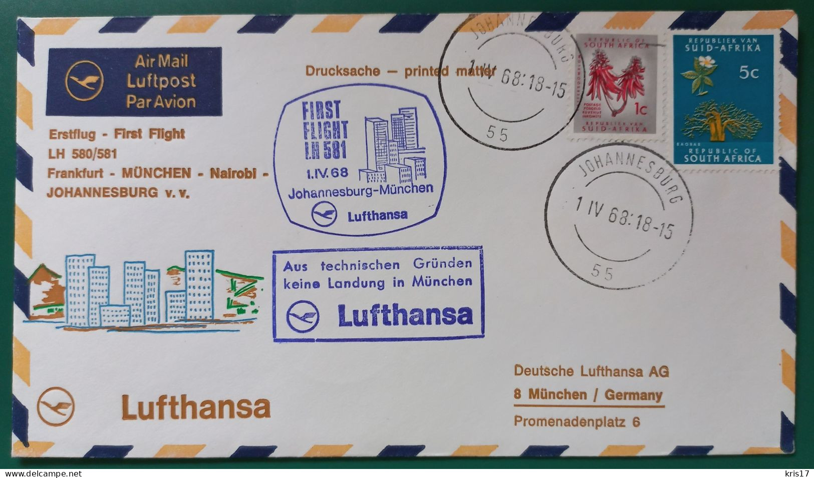 (ENV)(LUF38) 1968 Lettre LUFTHANSA Erstflug Flight Vol Johannesburg München Frankfurt Deutsche Nairobi - Cartas & Documentos