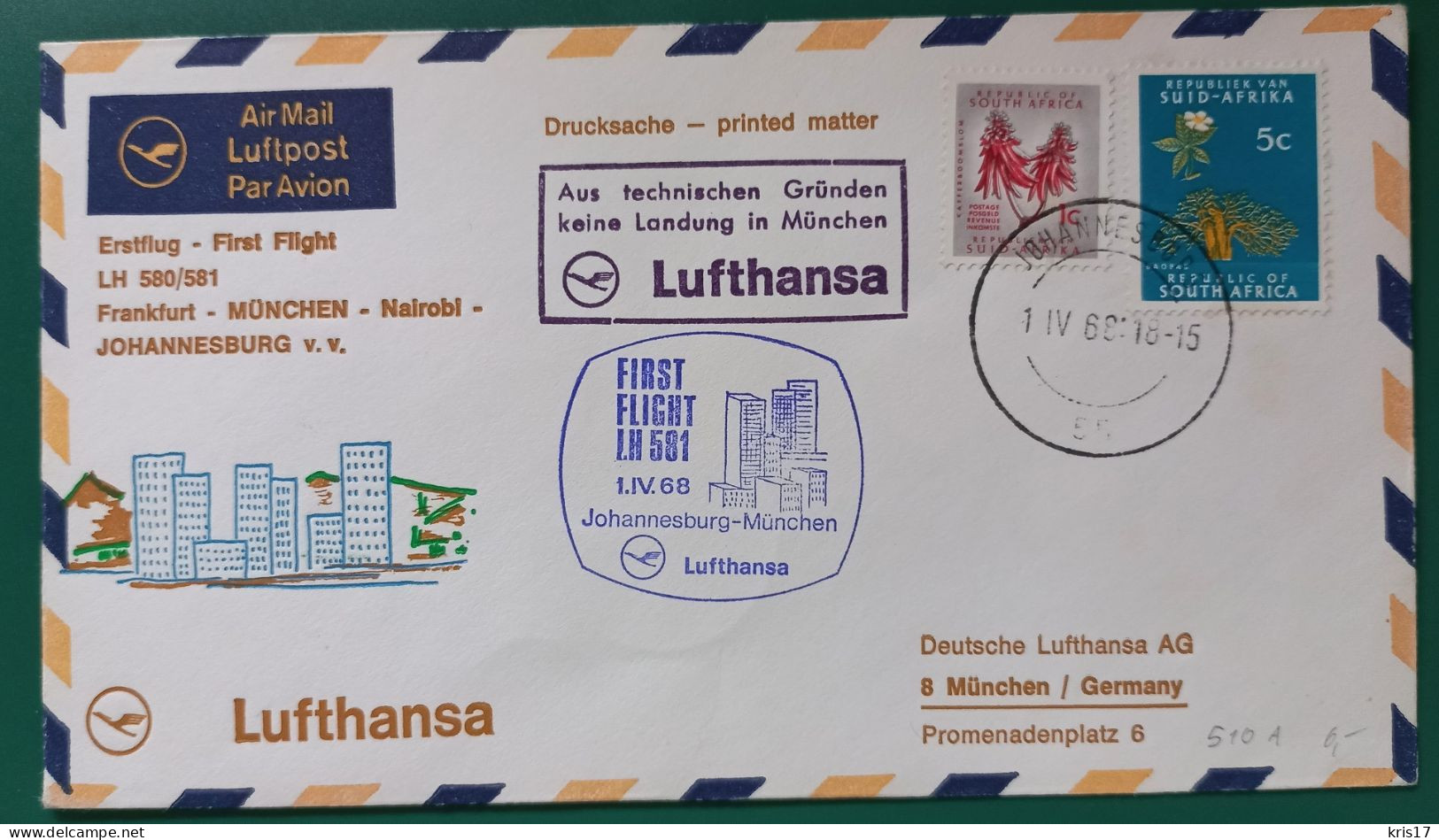 (ENV)(LUF39) 1968 Lettre LUFTHANSA Erstflug Flight Vol Johannesburg München Frankfurt Deutsche Nairobi - Briefe U. Dokumente