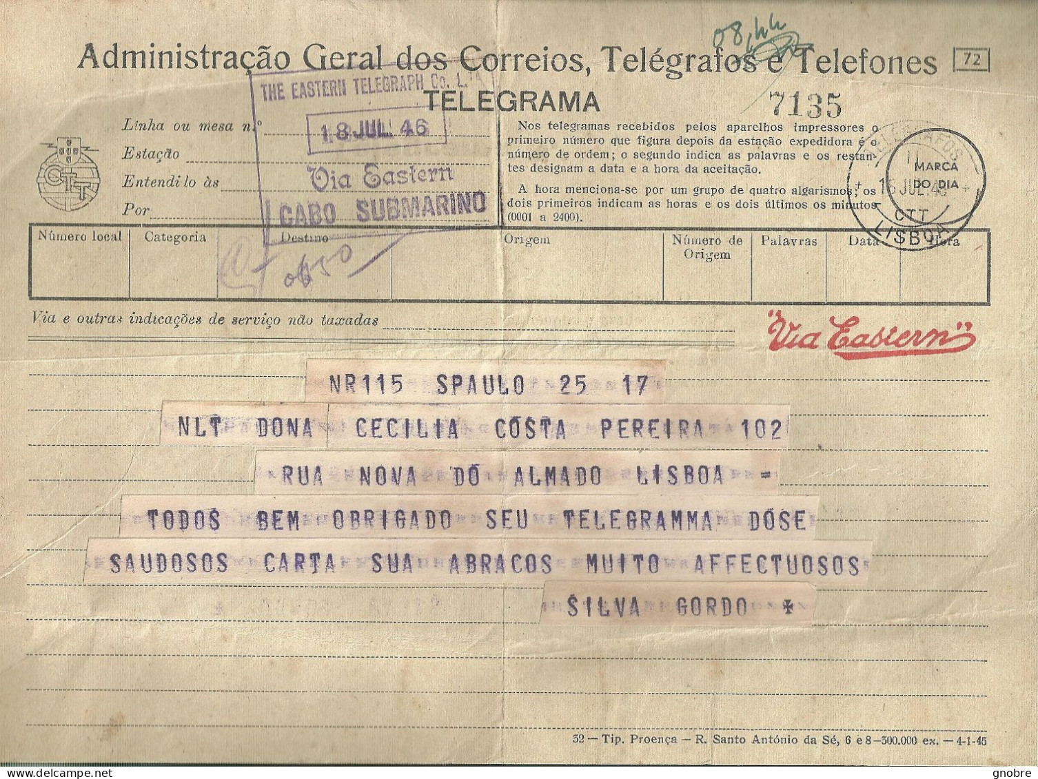 PORTUGAL TELEGRAM CTT EASTER CABO SUBMARINO LISBOA 1946 - Covers & Documents