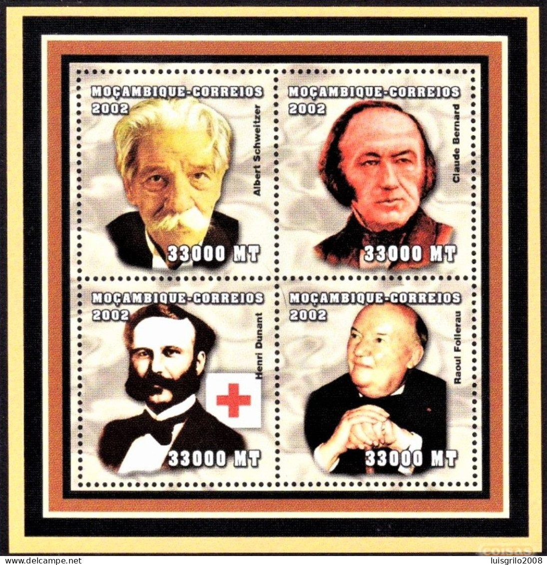 Red Cross/ Nobel Prize - Henri Dunant, Albert Schweitzer, Claude Bernard.. -|- Moçambique, 2002 - Perforated . MNH - Albert Schweitzer