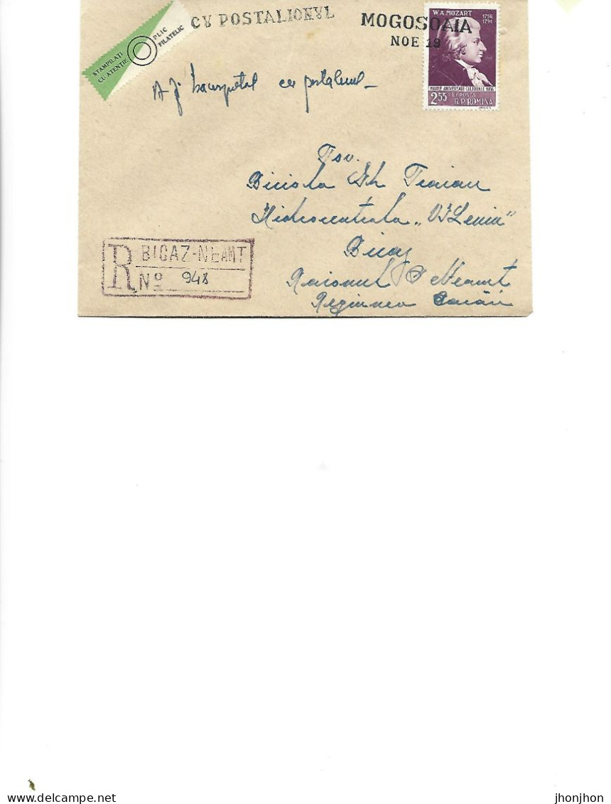 Romania - Registered Letter Circulated In 1958 To Bicaz  From Cucuietii - Stamp With W.A.Mozart - Briefe U. Dokumente