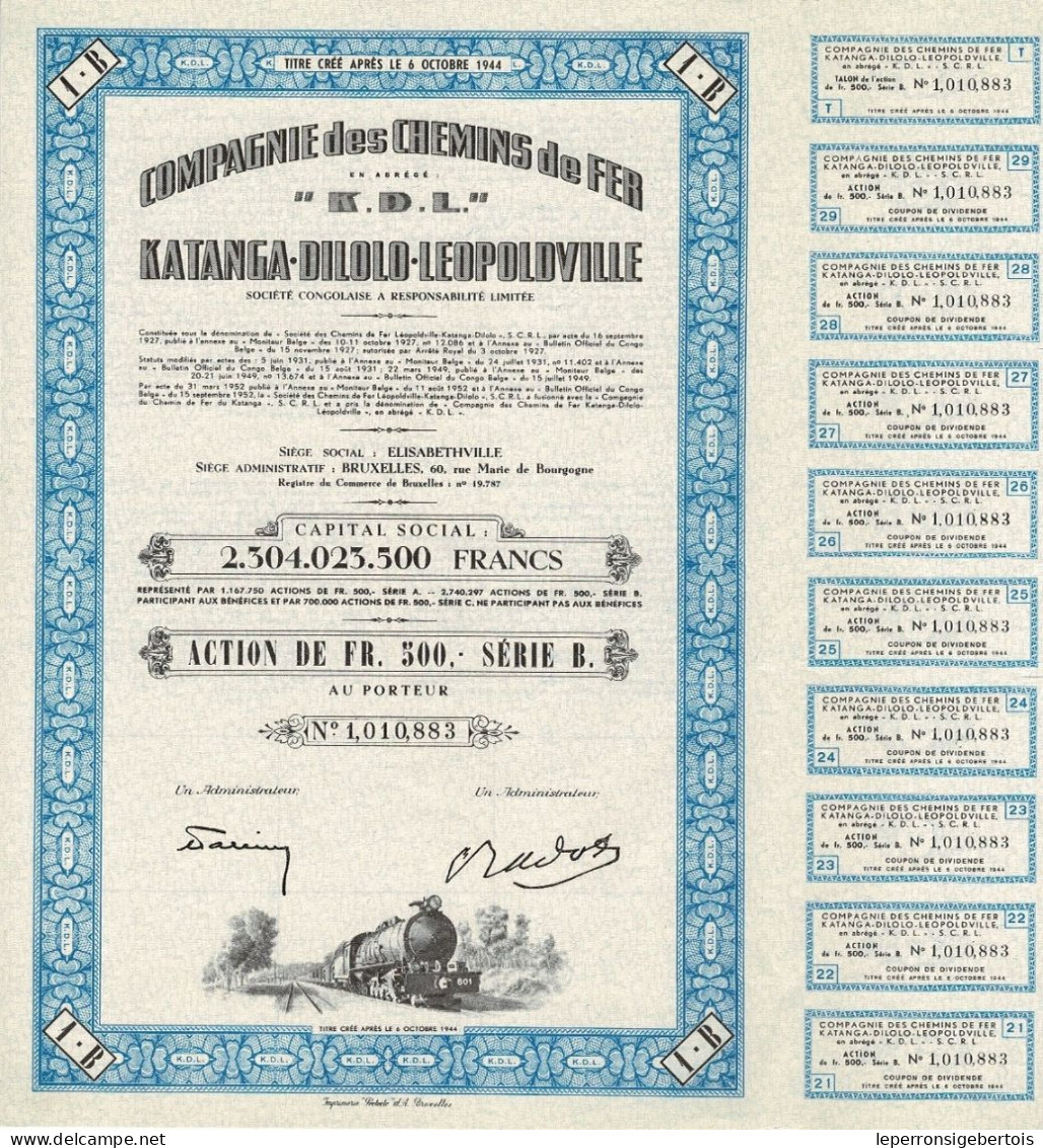 Titre De 1952 - Compagnie Des Chemins De Fer Katanga-Dilolo-Léopoldville - "K.D.L. B" N° 1010883 - Afrique