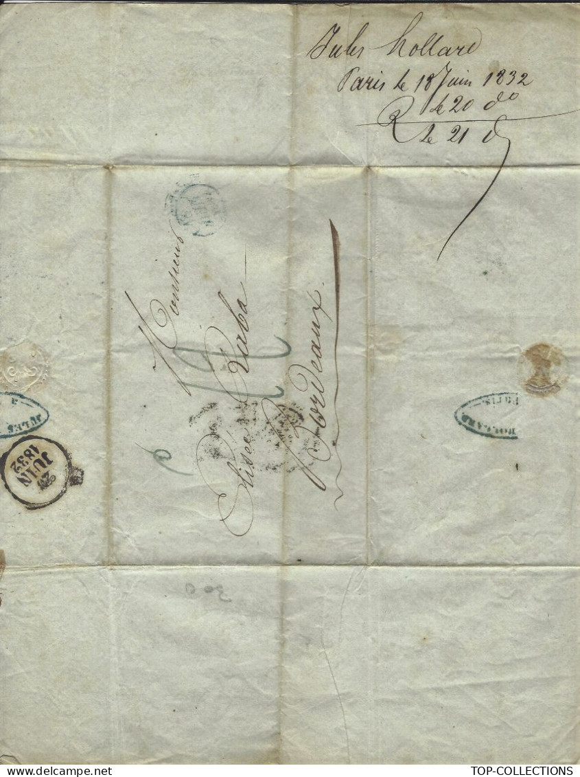 JUDAICA  1832  LETTRE  Jules Hollard négociant Paris > Elisée Raba Banquier Bordeaux  NAVIGATION COMMERCE INTERNATIONAL