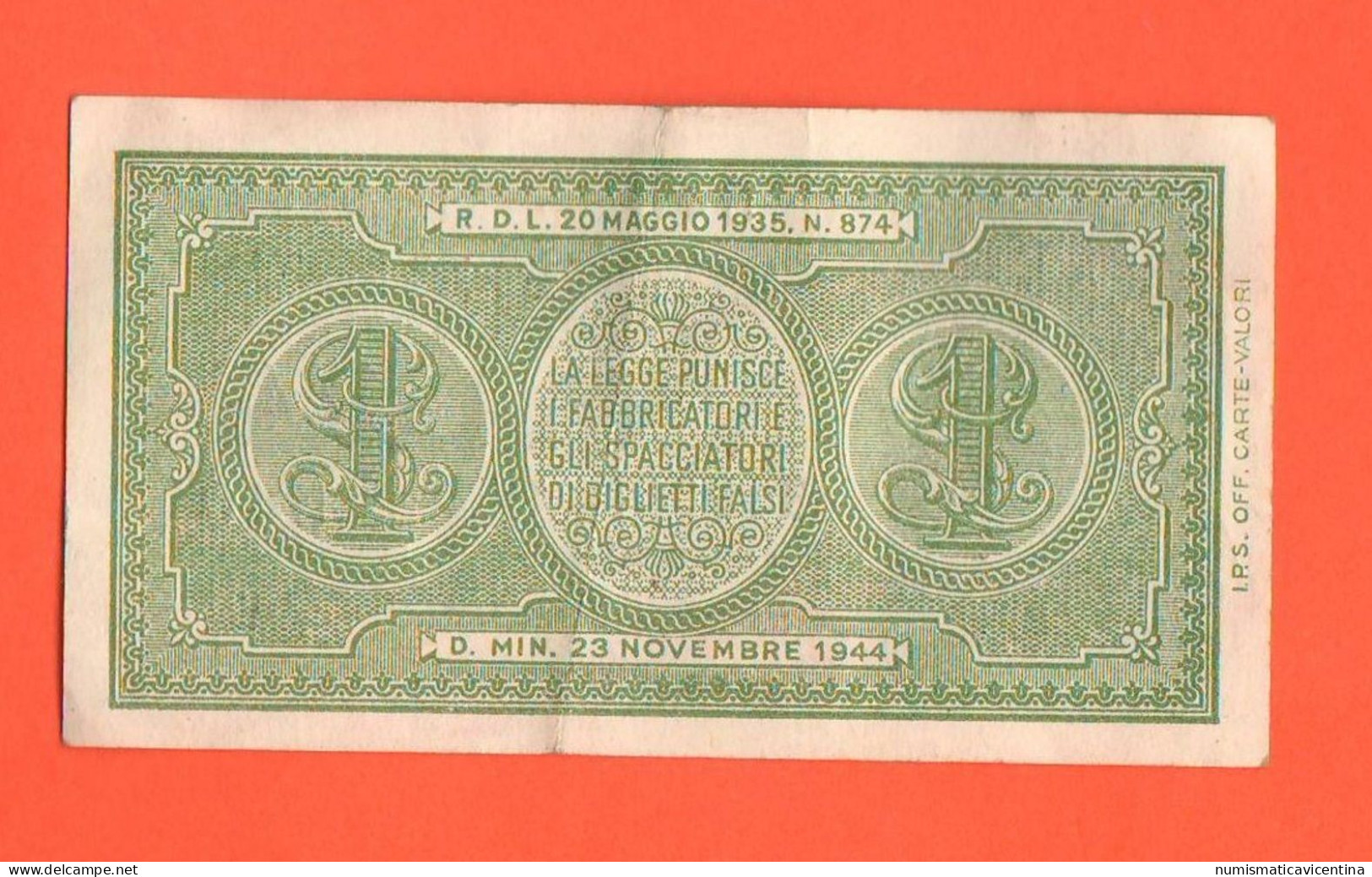 Regno Italia 1 Lira Luogotenenza Novembre 1944 One Lira Italy Italie War Banknote - [ 4] Emisiones Provisionales