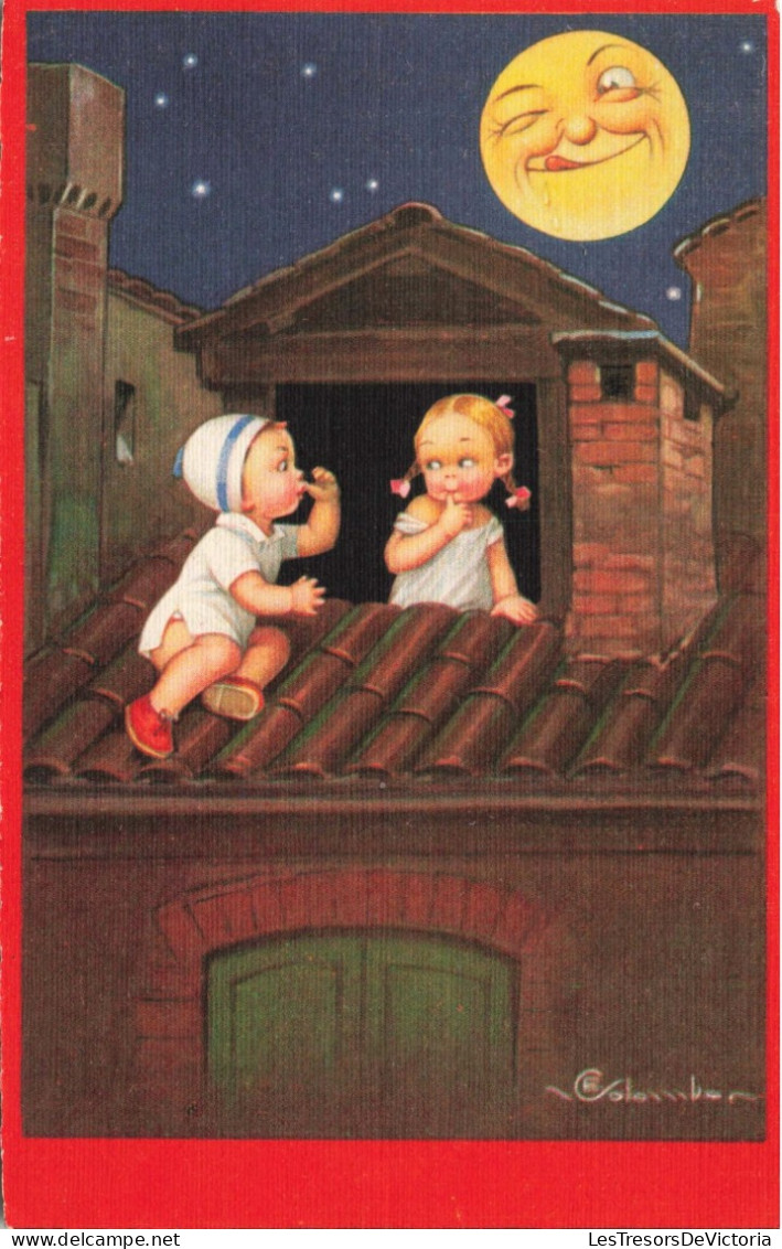 Illustrateur - Colombo - Deux Enfants Au Clair De Lune - Sur Fond Rouge - Carte Postale Ancienne - Colombo, E.