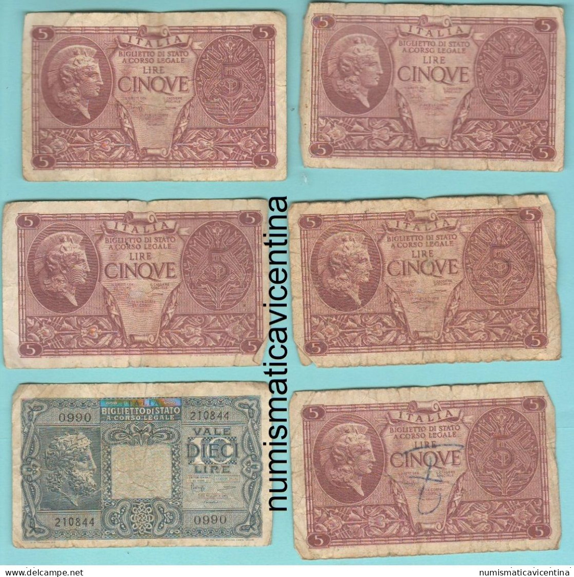 Italia Luogotenenza 5 + 10 Lire 1944 Banconote Luogotenenza Umberto II° - Italia – 5 Lire