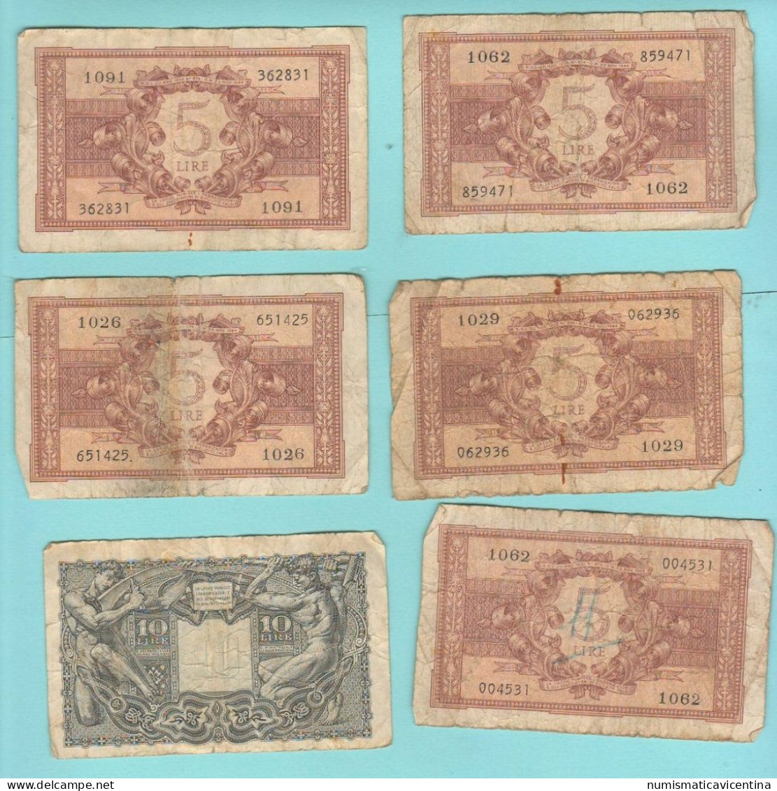 Italia Luogotenenza 5 + 10 Lire 1944 Banconote Luogotenenza Umberto II° - Italia – 5 Lire