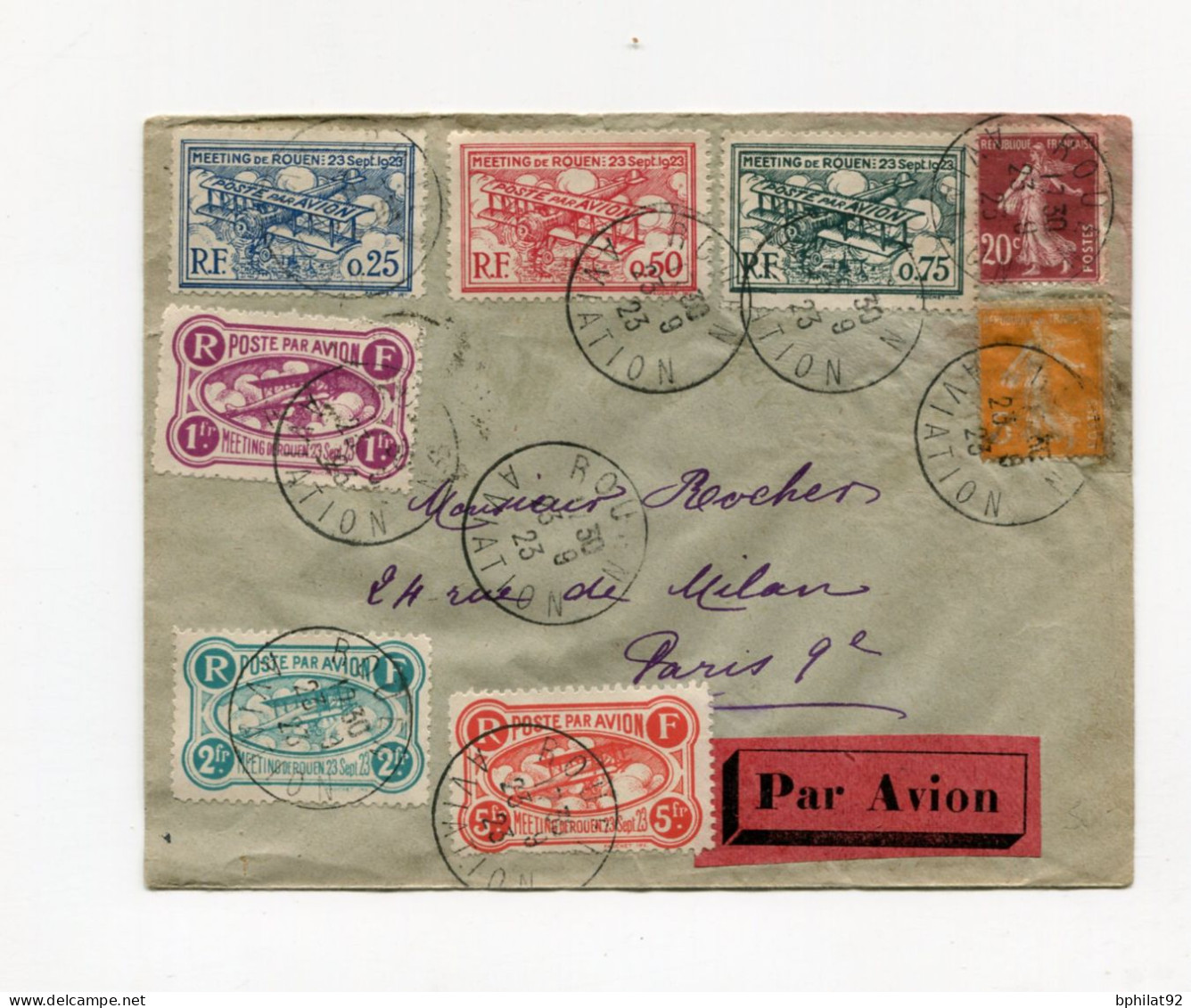 !!! VIGNETTES DU MEETING DE ROUEN DE 1923 SUR LETTRE PAR AVION DU 23/9/1923 POUR PARIS - Aviazione