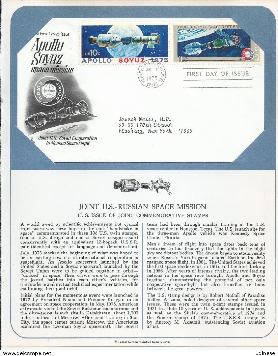 USA AND USSR 1975 - APOLLO-SOYUZ SPACE MISSION - JOINT ISSUE - 2 CPL. SET - 2 DIFFERENT  FDC - North  America