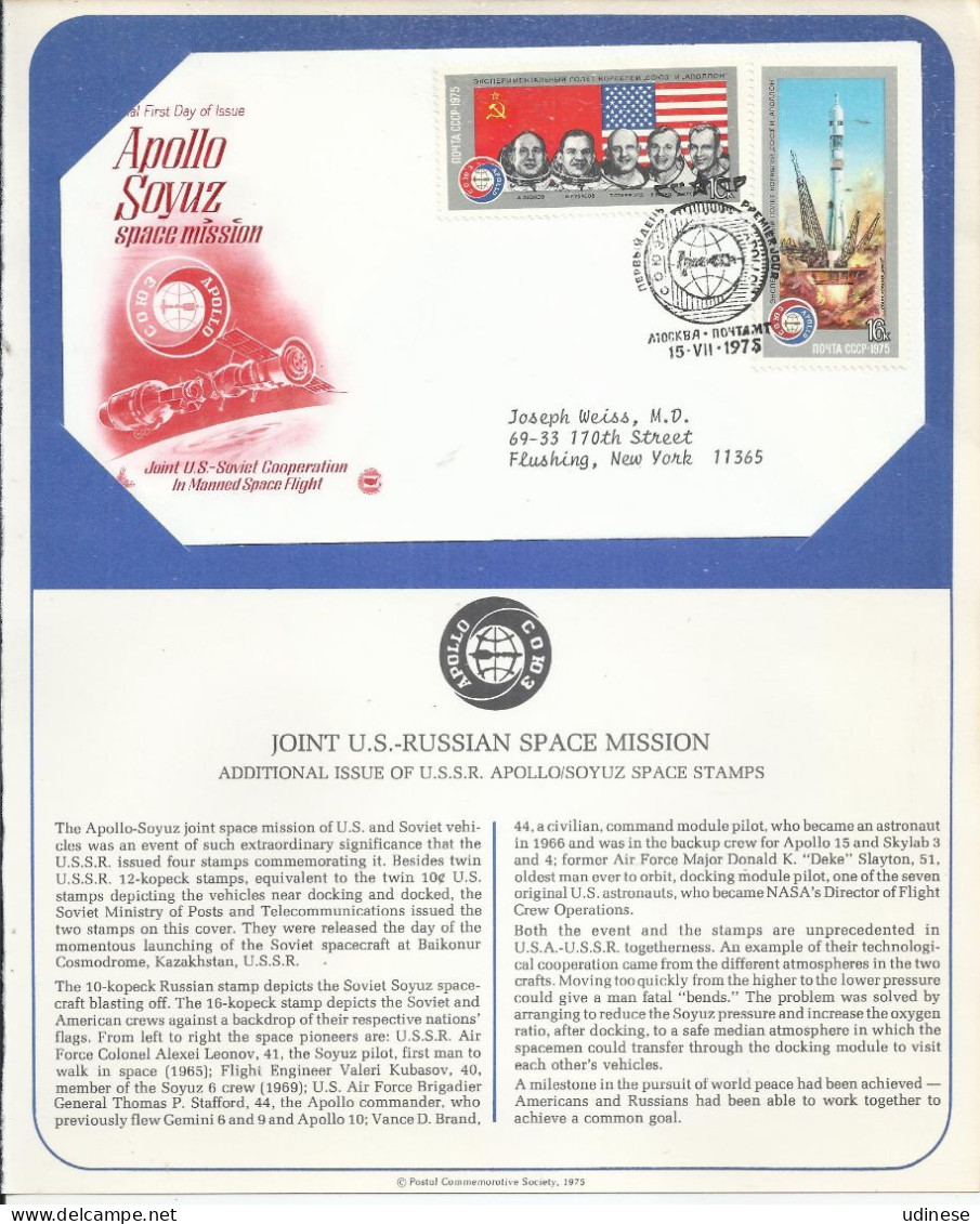 USA AND USSR 1975 - APOLLO-SOYUZ SPACE MISSION - JOINT ISSUE - 2 CPL. SET - 2 DIFFERENT  FDC - North  America