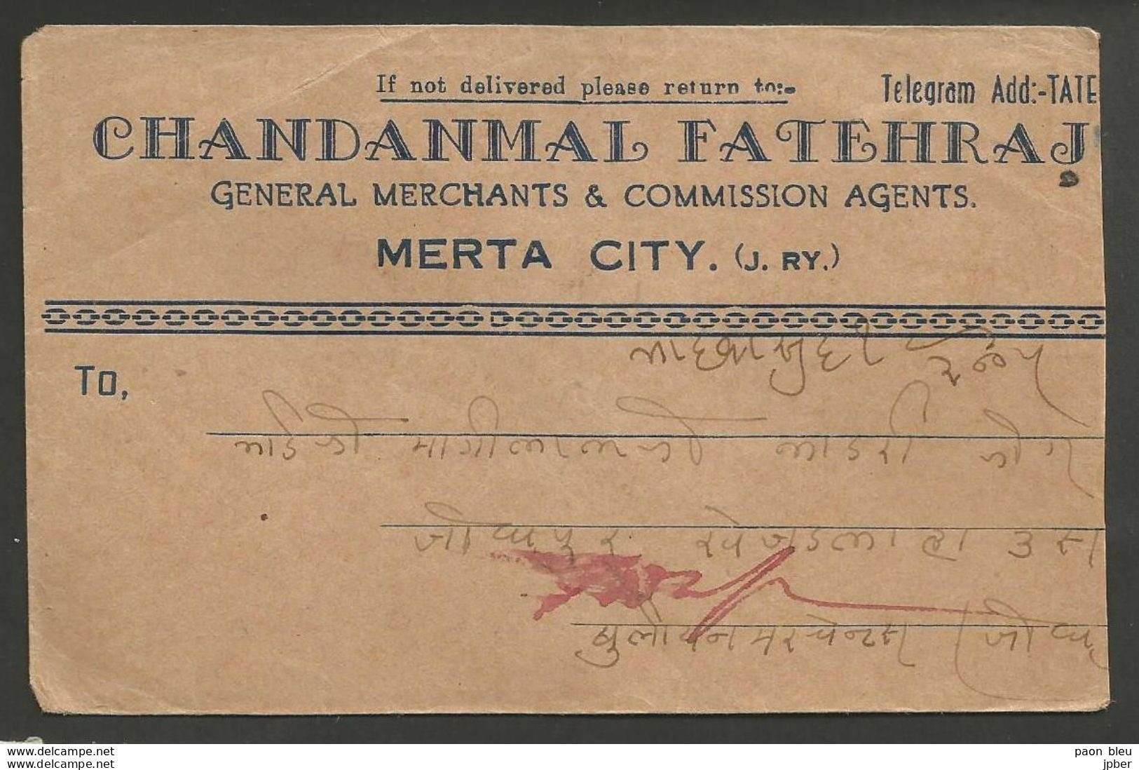 Inde - Lettre Du 4/9/1948 De Merta - Timbre Au Verso - Entête "Chandanmal Fatehraj" - Briefe U. Dokumente