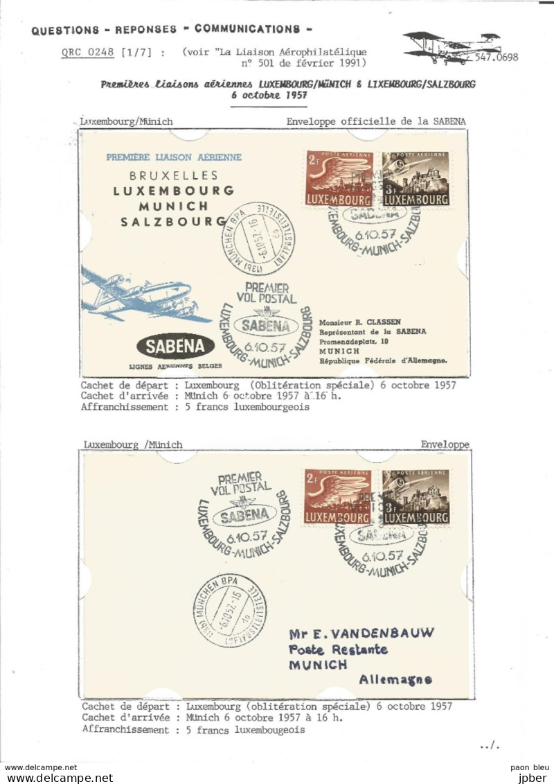 Aérophilatélie - Vol Luxembourg-Munich-Salzbourg Le 6/10/1957 Par Avion Convair CV.440 Sabena - 5 Scan - Briefe U. Dokumente