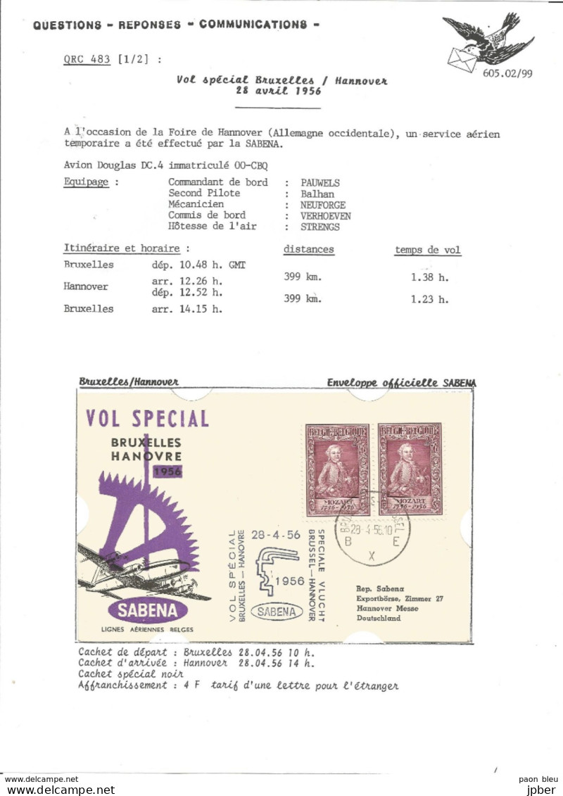 Aérophilatélie - Vol Bruxelles-Hannover-Bruxelles Le 28/4/1956 Par Avion  Douglas DC.4 Sabena - 2 Scan - Sonstige & Ohne Zuordnung