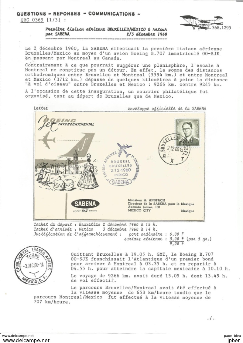 Aérophilatélie - Vol Bruxelles-Mexico 2-3/12/1960 Par Boeing Sabena - 11 Scan - Andere & Zonder Classificatie