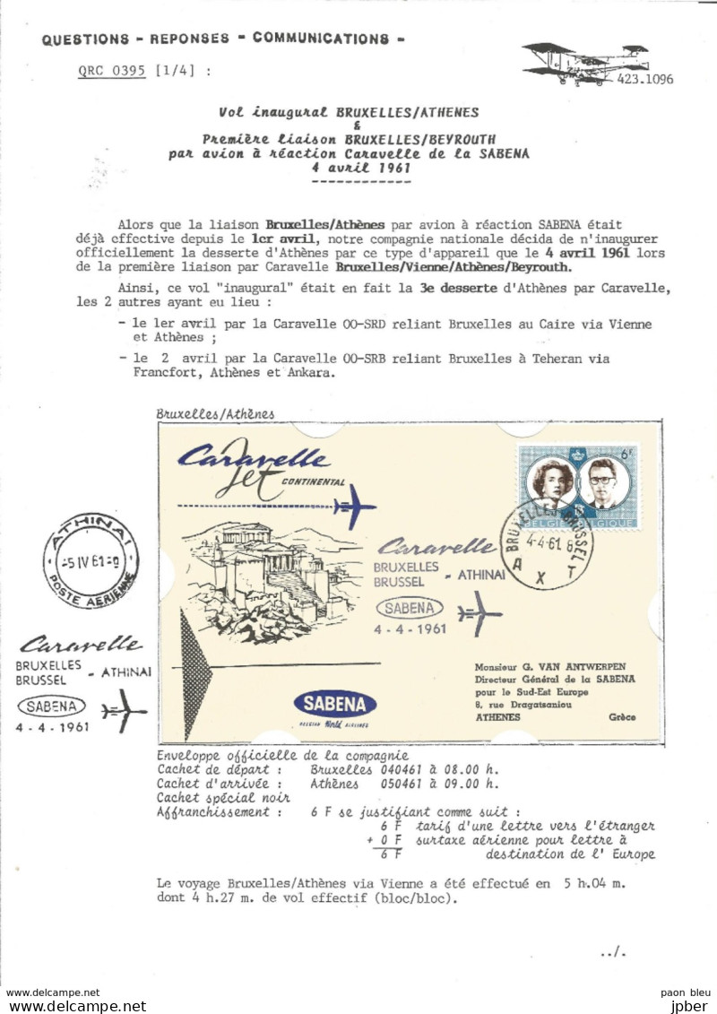 Aérophilatélie - Vol Bruxelles-Athènes-Beyrouth 4/4/1961 Par Caravelle Sabena - 6 Scan - Autres & Non Classés