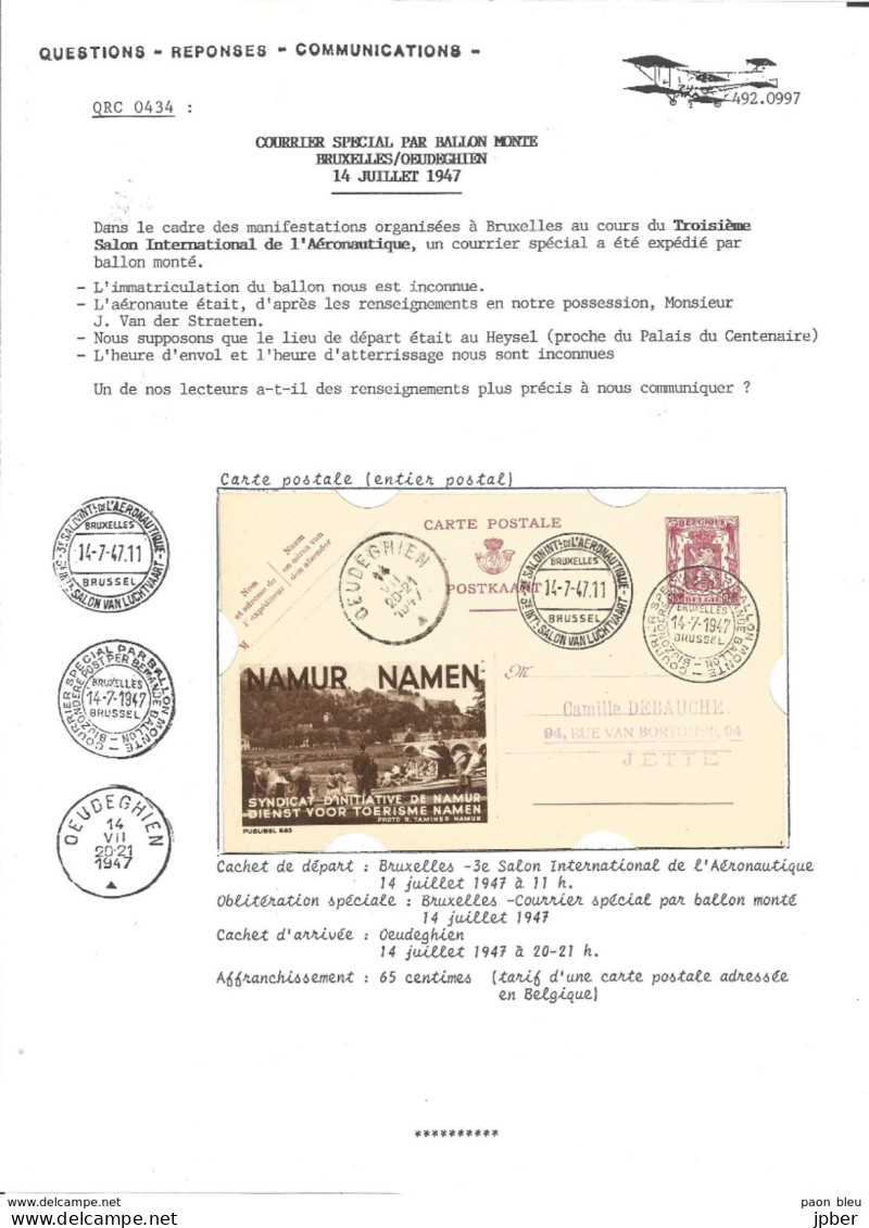 Aérophilatélie - Courrier Spécial Par Ballon Monté - Bruxelles-Oeudeghien - 14/7/1947 - 6 Scan - Andere & Zonder Classificatie