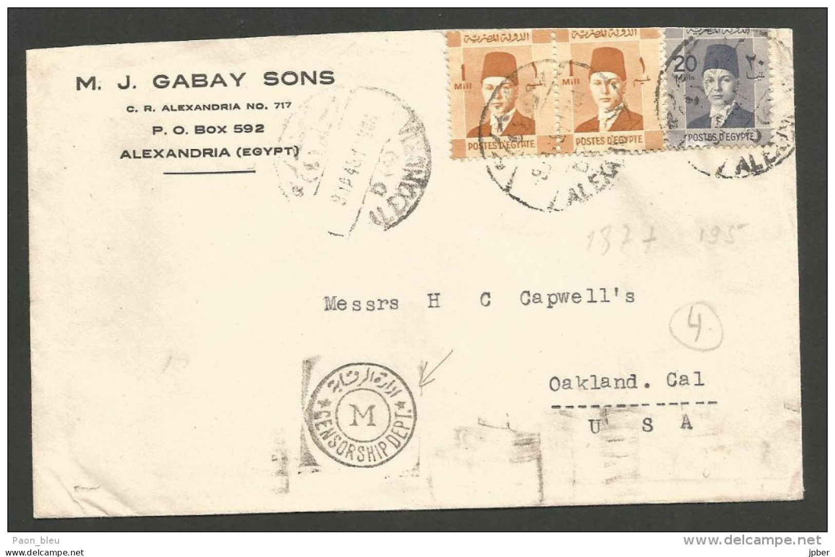 Lettre Du 11/1/45 Du Alexandrie (Egypte) Vers Oakland (Californie USA) - Cachet Censure Contrôle - Covers & Documents