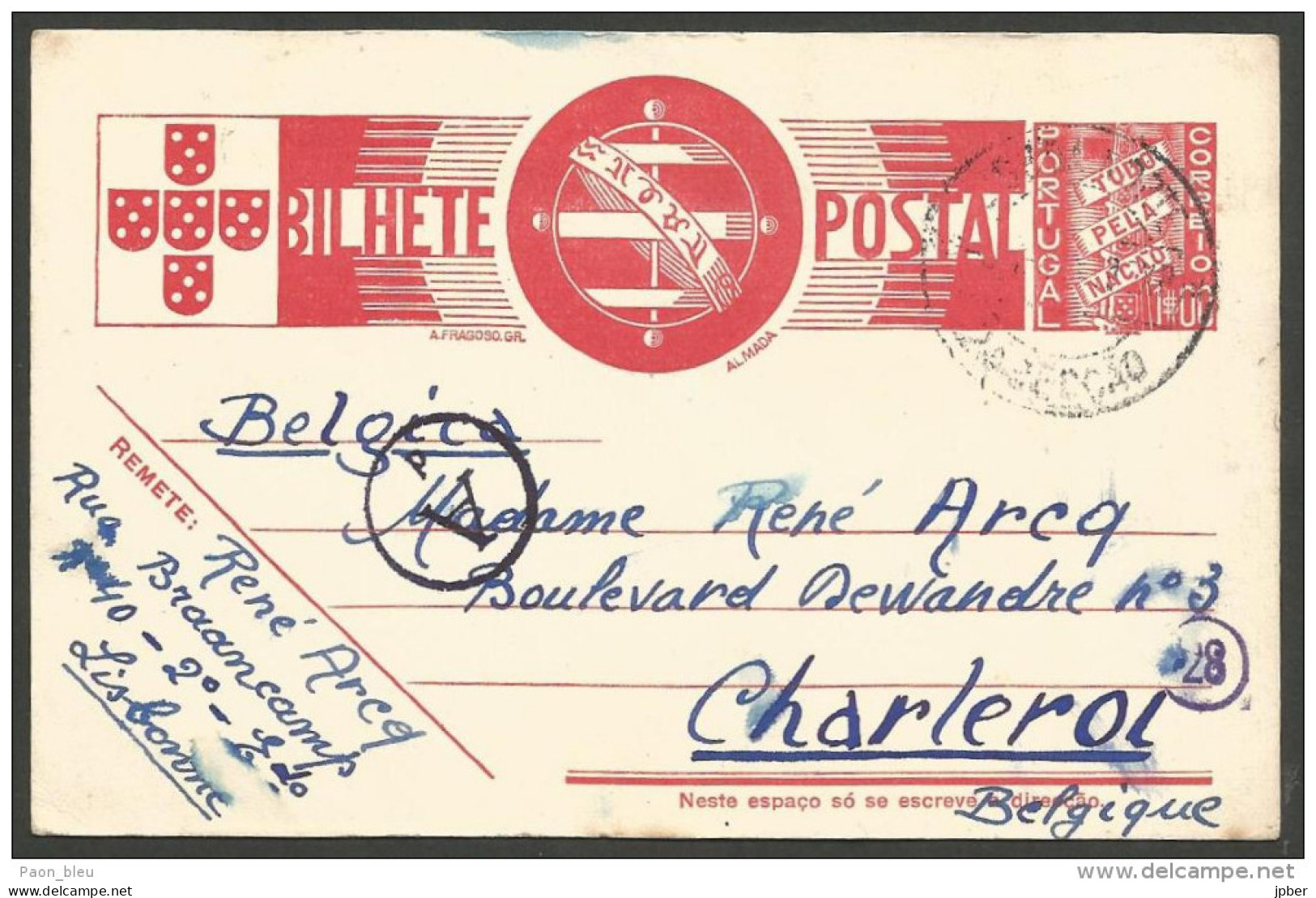Guerre 39-45 - War 39-45 / Carte Du 7/7/41 De Lisbonne à Charleroi - Cachet "A D" De Contrôle - Covers & Documents