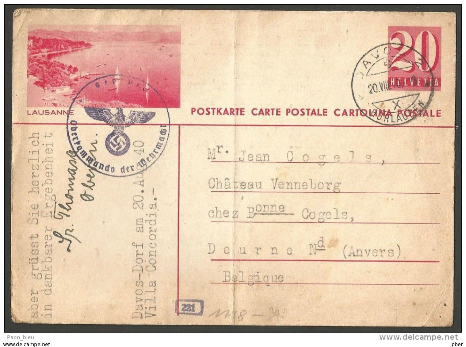 Guerre 39-45 / War 39-45 - Suisse - Carte Du 20/8/40 De Davos à Deurne (Anvers) + Cachet Censure Militaire Allemande - Lettres & Documents