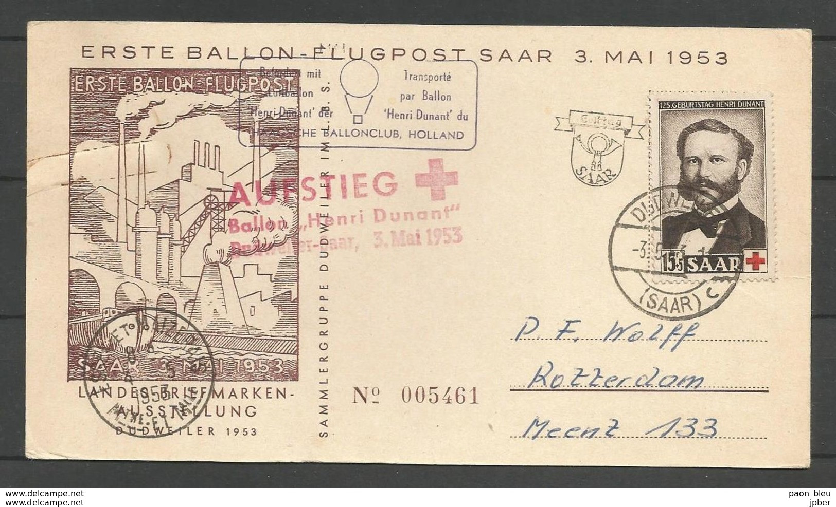 Aerophilatelie - Saar/Sarre - 1953 - Erste Ballon Flugpost - Ballon Henri Dunant - Dudweiler - Essey Maizerais - Luftpost
