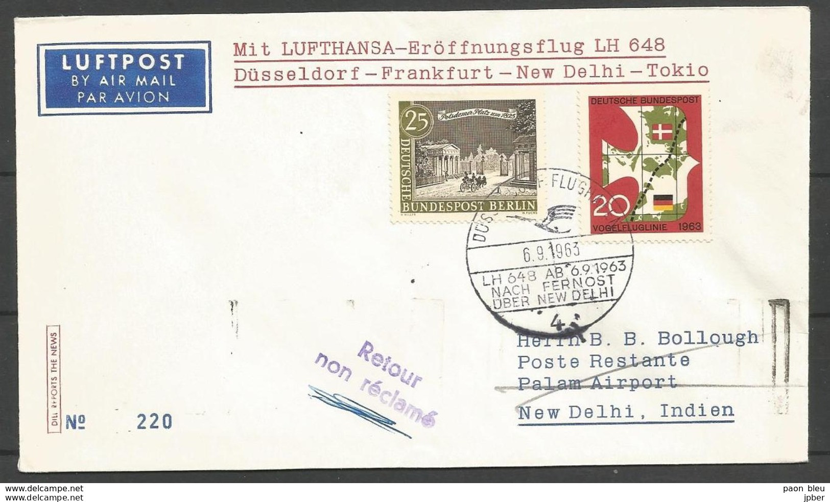 Aerophilatelie - Berlin - Luftpost - 1963 - Erstflug Lufthansa LH648 Düsseldorf-Frankfurt-New Delhi-Tokio - Potsdamer Pl - Sonstige & Ohne Zuordnung