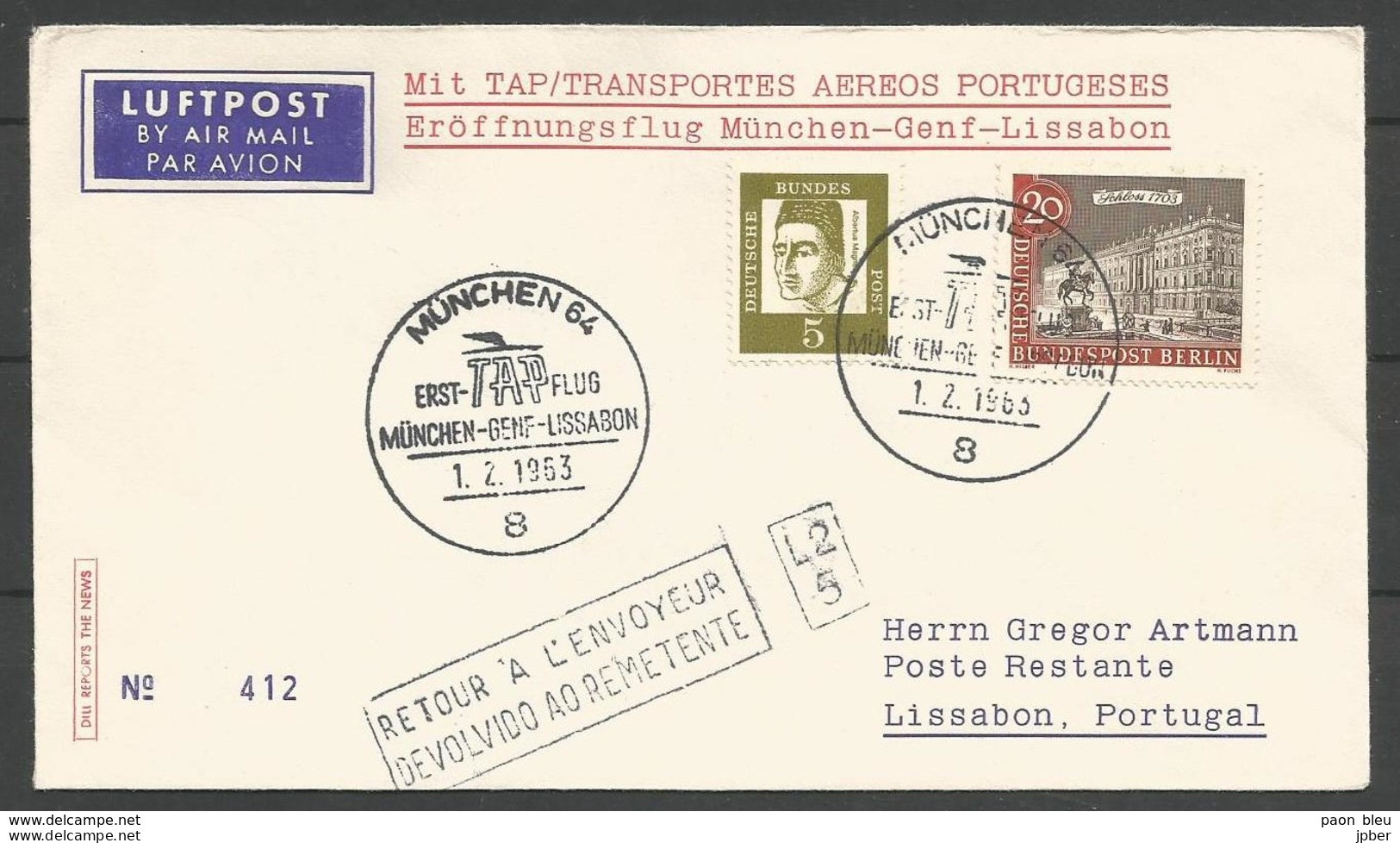 Aerophilatelie - Berlin - Luftpost - 1963 - Erstflug TAP München-Genf-Lissabon / Munich-Genève-Lisbonne - Sonstige & Ohne Zuordnung