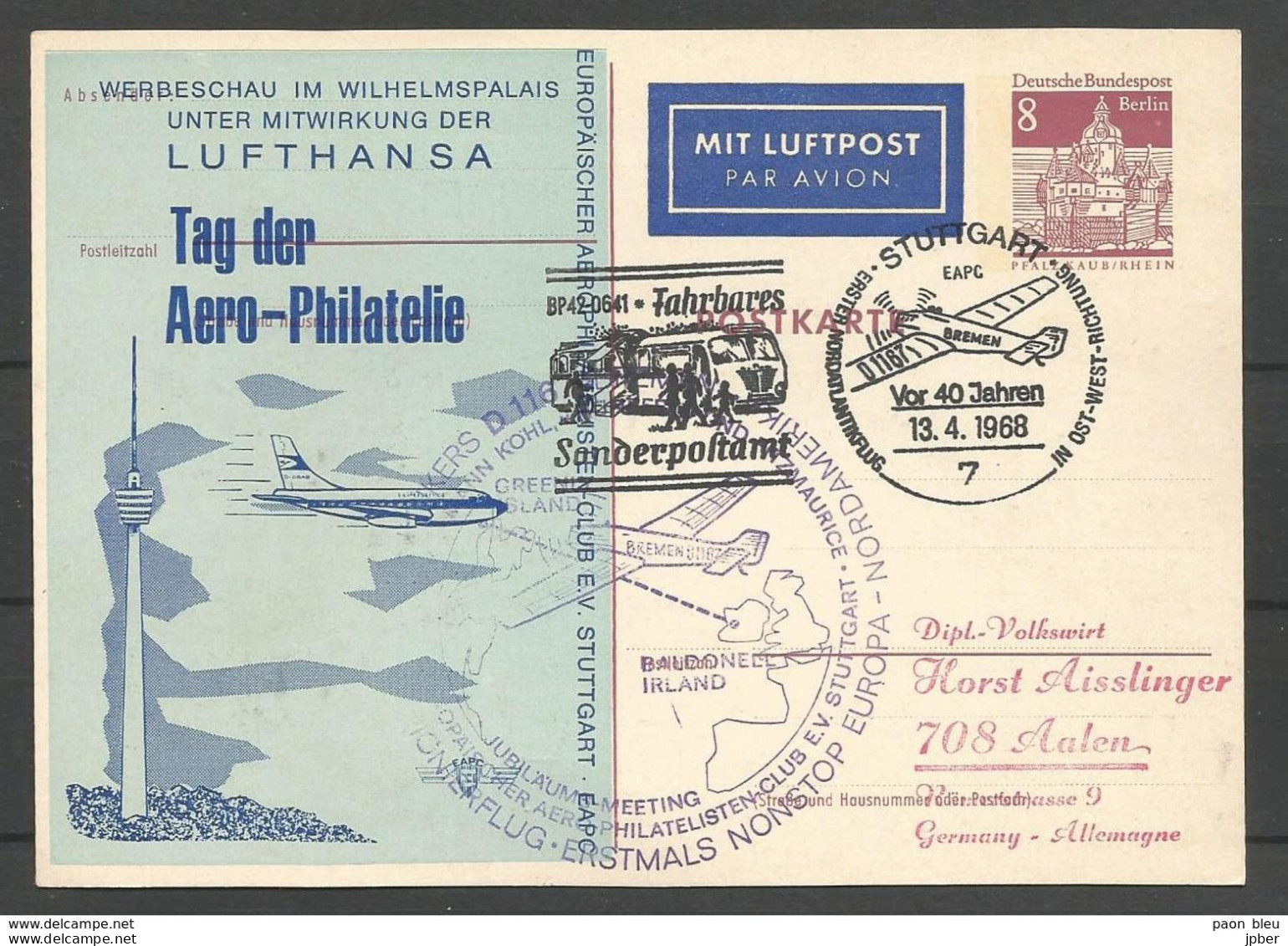 Aerophilatelie - Berlin - Luftpost - 1968 - Stuttgart - Fahrbares Sonderpostamt - PfalzKaub/Rhein - Altri & Non Classificati