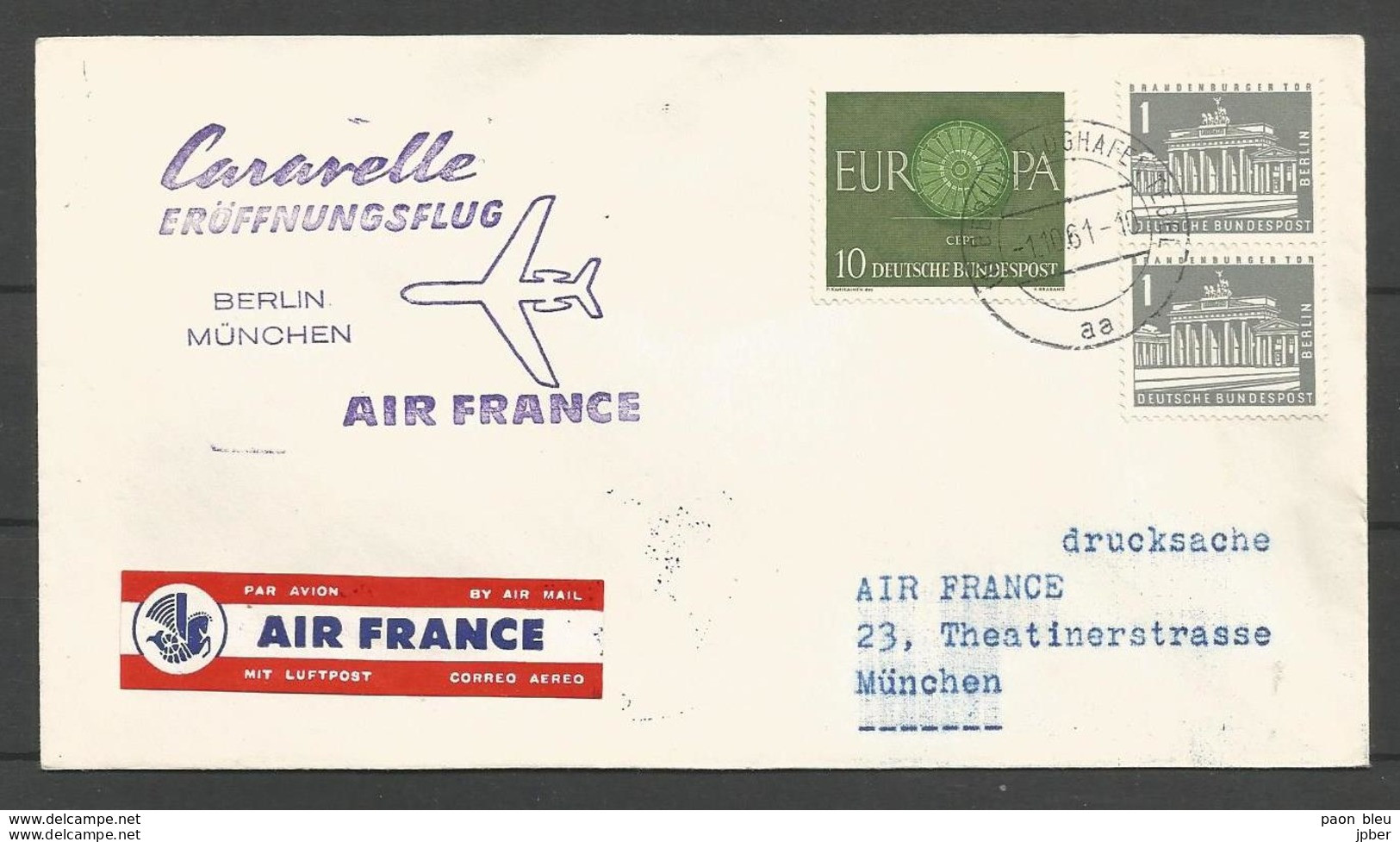 Aerophilatelie - Berlin - Luftpost - 1961 - Air France Caravelle Berlin-München - Europa - Brandenburger Tor - Other & Unclassified