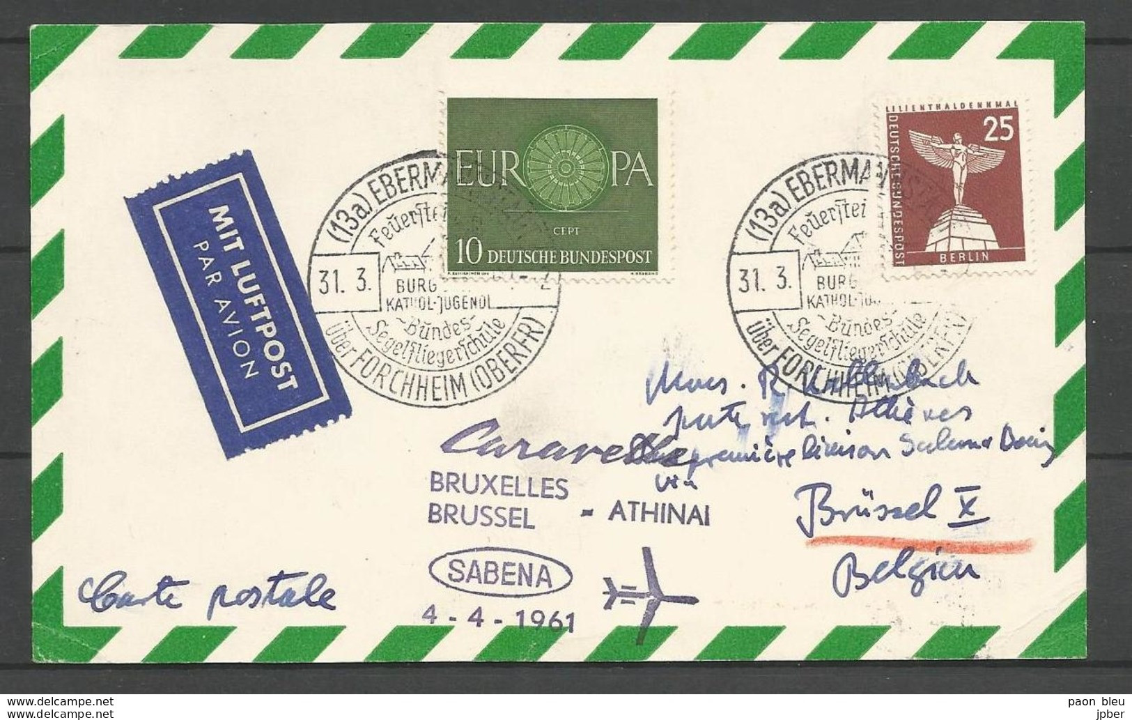 Aerophilatelie - Berlin - Luftpost - 1961 - Erstflug Sabena Bruxelles-Athinai (Athènes) -Europa - Sonstige & Ohne Zuordnung