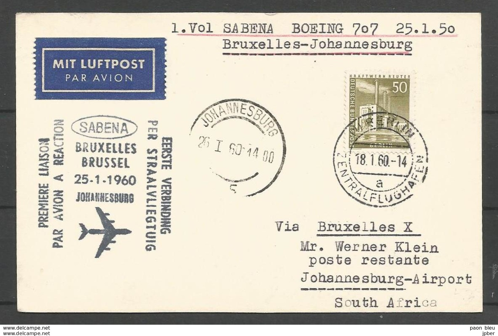 Aerophilatelie - Berlin - Luftpost - 1960 - Erstflug Sabena BruxellesJohannesburg Boeing 707 - Kraftwerk Reuter - Sonstige & Ohne Zuordnung