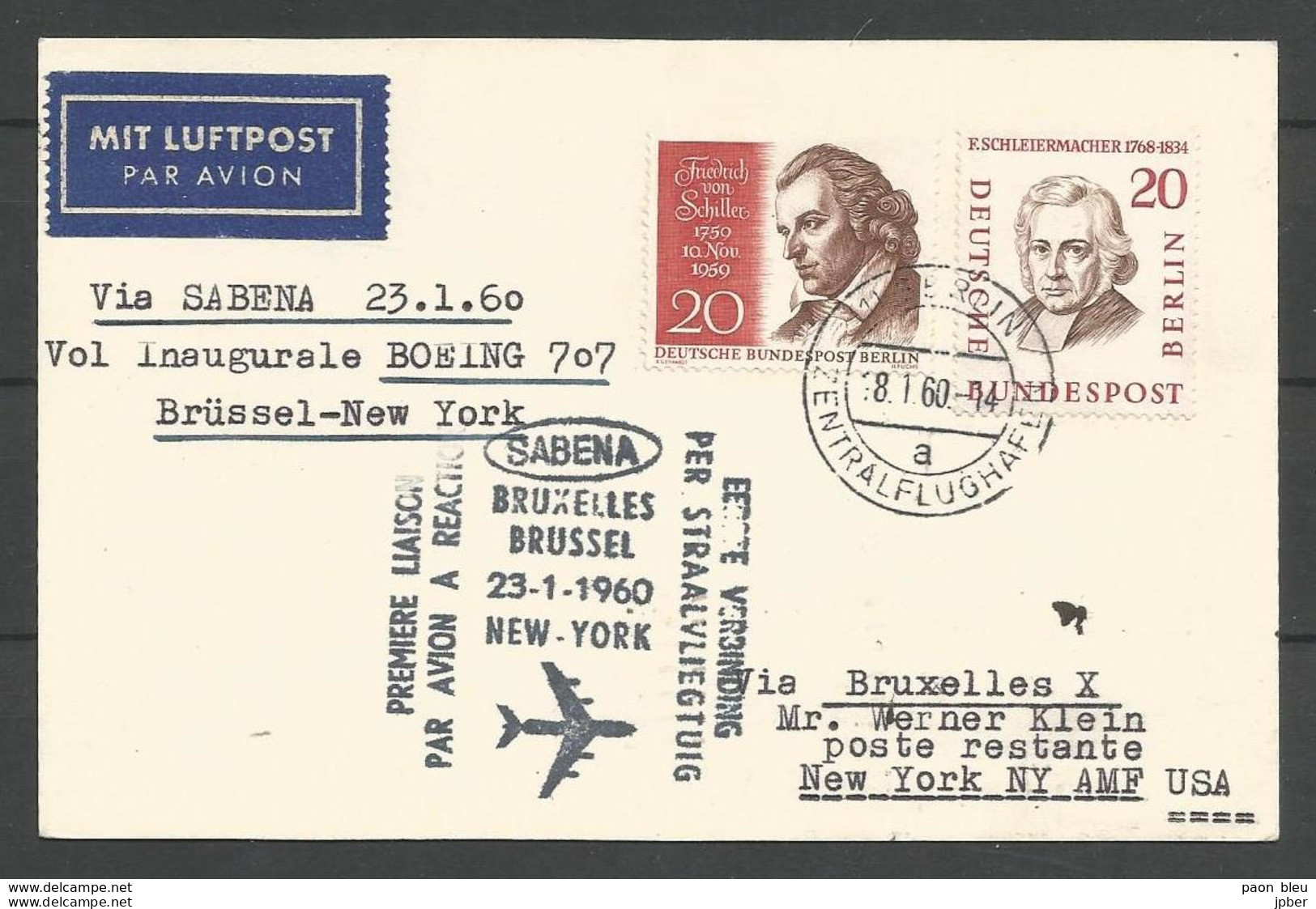 Aerophilatelie - Berlin - Luftpost - 1960 - Erstflug Sabena Bruxelles-New York Boeing 707 - Von Schiller, Schleiermacher - Sonstige & Ohne Zuordnung