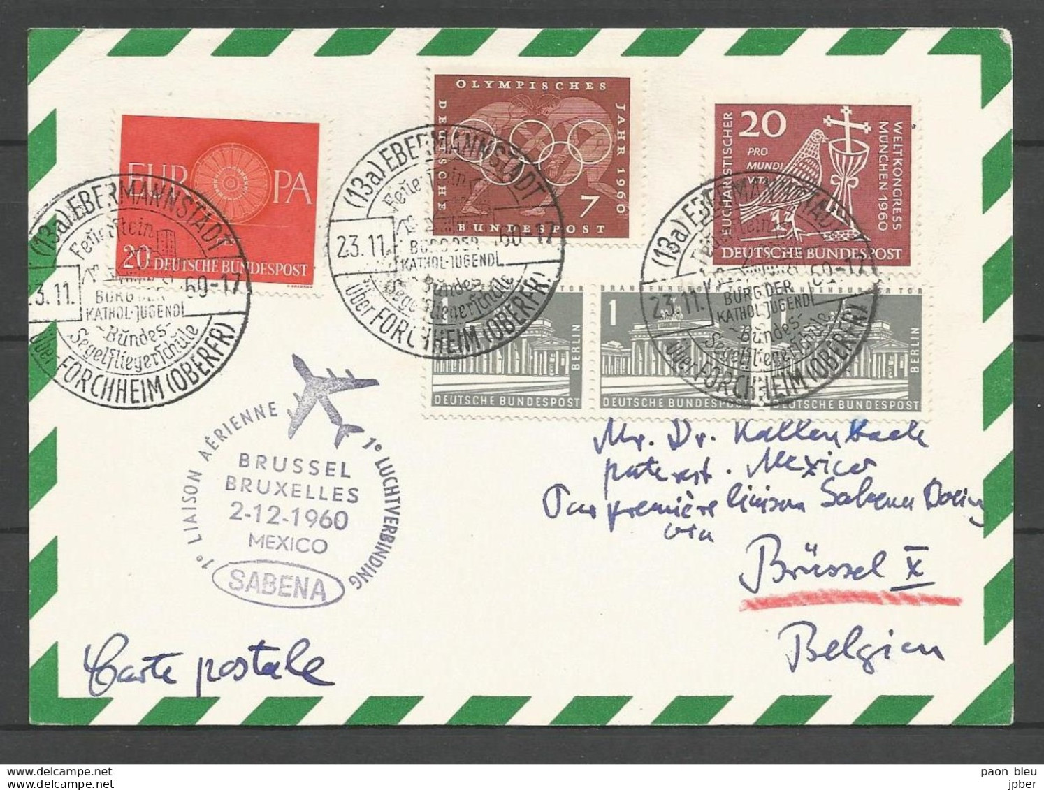 Aerophilatelie - Berlin - Luftpost - 1960 - Erstflug Sabena Bruxelles-Mexico - Ebermannstadt - Europa - Autres & Non Classés