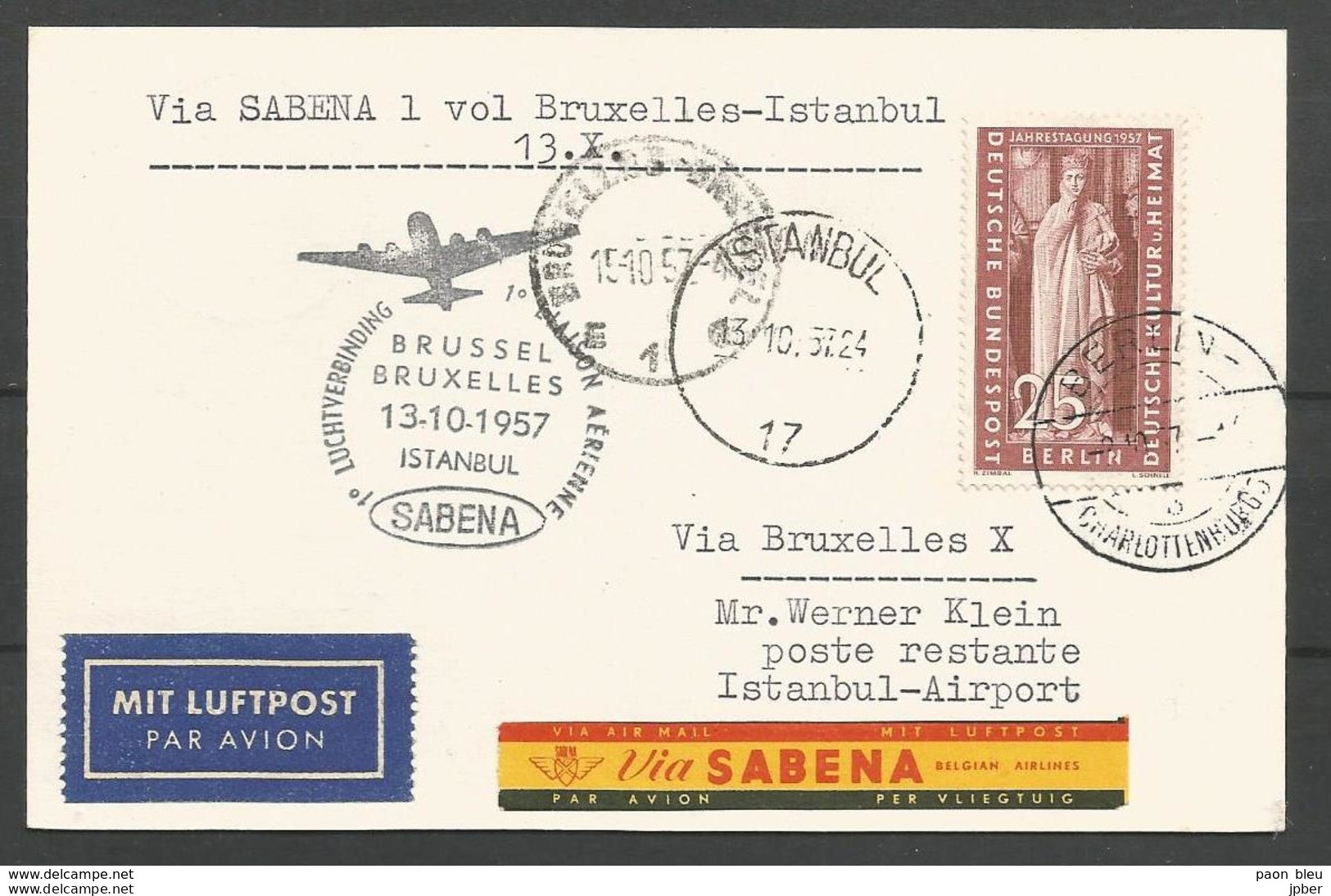 Aerophilatelie - Berlin - Luftpost - 1957 - Erstflug Sabena Bruxelles-Istanbul - Sonstige & Ohne Zuordnung